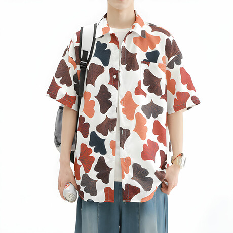 Leaf Pattern Short-Sleeve Oversized Button-Up Shirt // White + Multicolor (XS)