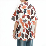 Leaf Pattern Short-Sleeve Oversized Button-Up Shirt // White + Multicolor (L)