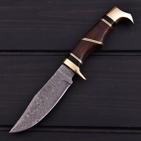 Damascus Hunting Knife // Rose Wood & Black Micarta // 7388