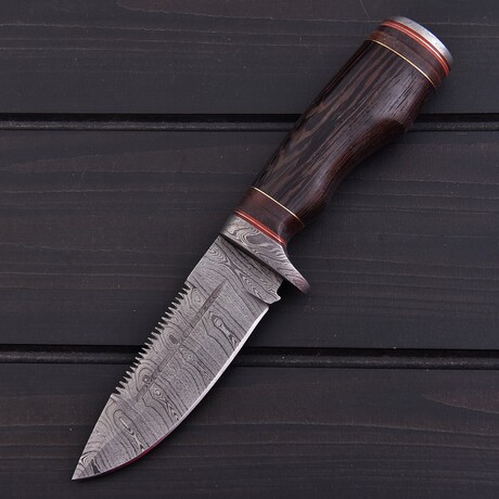 Damascus Survival Knife // Wenge Wood & Stacked Leather // 7387