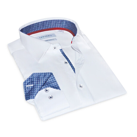 Contrast Collar & Cuff Button Up // White + Geometric Navy Trim (S)