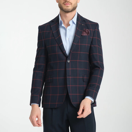 Slim Fit Notch Collar Double Button Plaid Blazer // Navy Blue (Euro: 44)