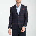 Slim Fit Notch Collar Double Button Plaid Blazer // Navy Blue (Euro: 48)