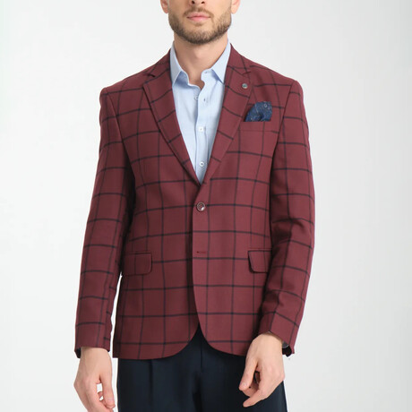 Slim Fit Notch Collar Double Button Plaid Blazer // Burgundy (Euro: 44)
