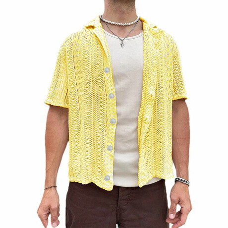 Knit Hollow Button Down Shirt // Yellow (XS)