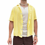 Knit Hollow Button Down Shirt // Yellow (L)