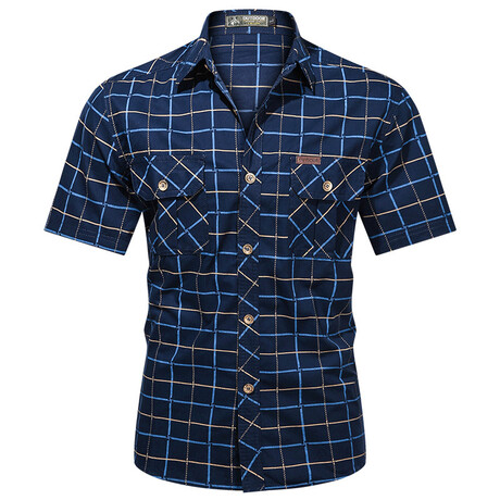 Windowpane Button-Up Shirt // Navy Blue (XS)