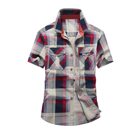 Plaid Button-Up Shirt // White + Red + Navy (XS)