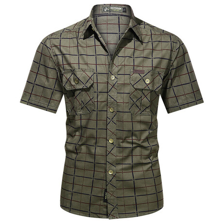 Windowpane Button-Up Shirt // Army Green (XS)