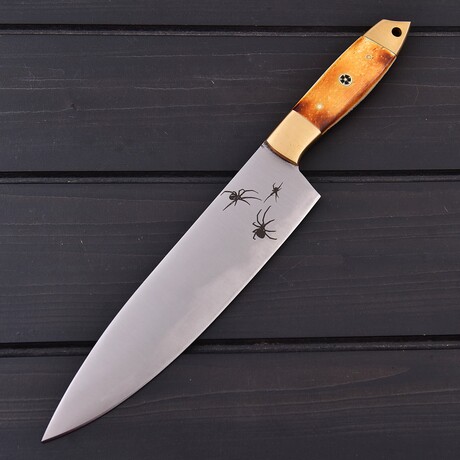J2 Steel Chef Knife // Brass Double Bolsters // 7409