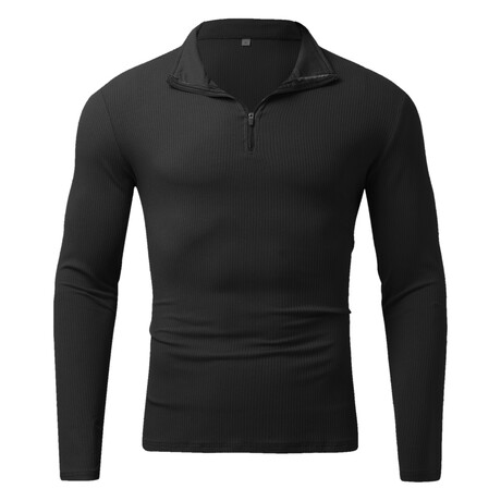 Quarter-Zip Long Sleeve Ribbed Shirt // Black (XS)