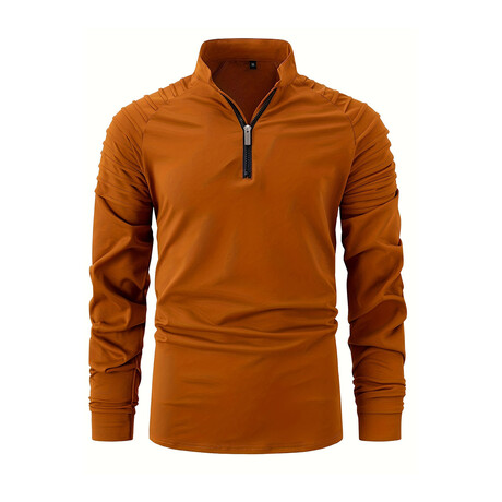Quarter-Zip Long Sleeve Shoulder Ribbed Shirt // Caramel (XS)