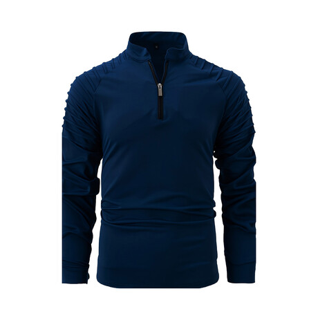 Quarter-Zip Long Sleeve Shoulder Ribbed Shirt // Navy Blue (XS)