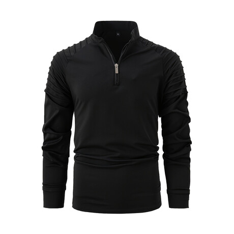 Quarter-Zip Long Sleeve Shoulder Ribbed Shirt // Black (XS)