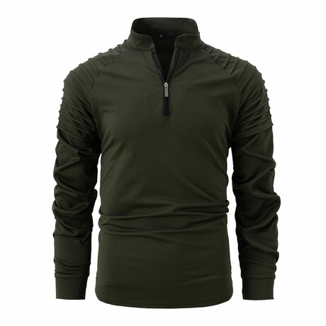 Quarter-Zip Long Sleeve Shoulder Ribbed Shirt // Army Green (XS)