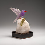 Genuine Polished Hand Carved Fluorite Hummingbird on a Green Tourmaline in Albite Matrix (4"H)