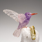 Genuine Polished Hand Carved Fluorite Hummingbird on a Green Tourmaline in Albite Matrix (4"H)