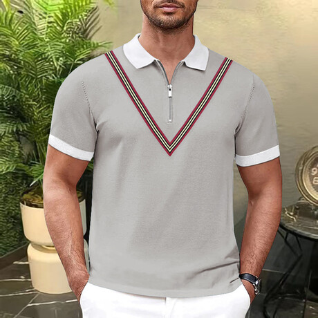 V Chest Detail Quarter-Zip Short Sleeve Polo // Light Gray (XS)