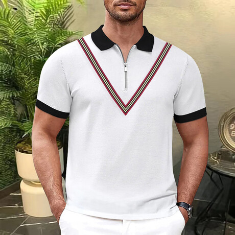 V Chest Detail Quarter-Zip Short Sleeve Polo // White (XS)