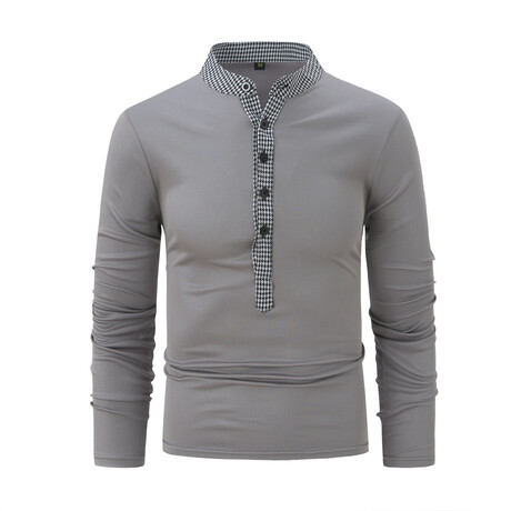 Contrast Trim Monk Collar Long Sleeve Henley // Gray (XS)