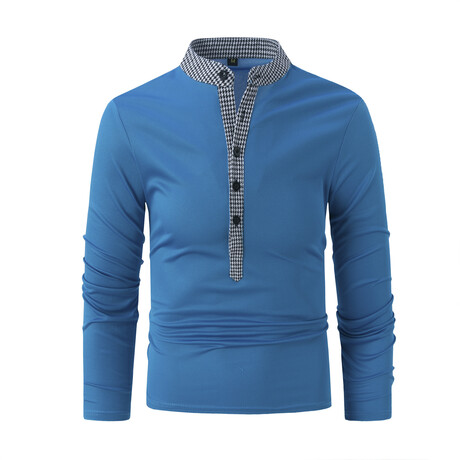 Contrast Trim Monk Collar Long Sleeve Henley // Lake Blue (XS)