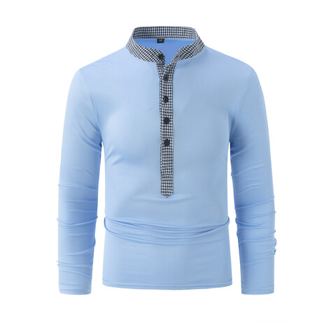 Contrast Trim Monk Collar Long Sleeve Henley // Sky Blue (XS)