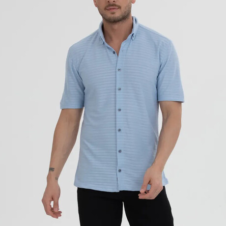 Striped Button-Down (Black Buttons) Short Sleeve Shirt // Light Blue (XS)