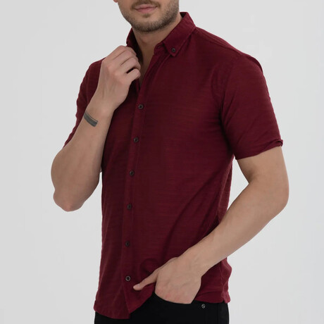 Striped Button-Down (Black Buttons) Short Sleeve Shirt // Burgundy (XS)