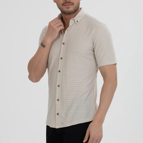 Striped Button-Down (Black Buttons) Short Sleeve Shirt // Beige (XS)