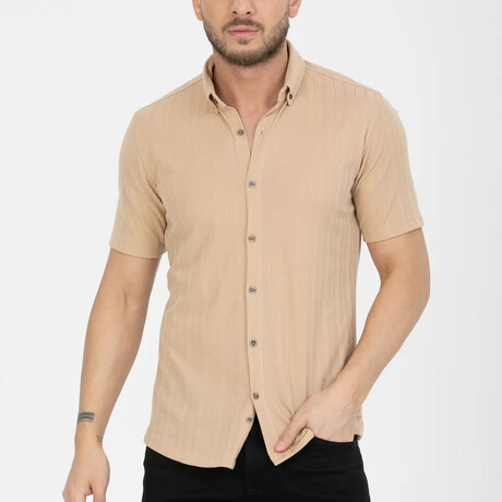 Solid Button-Down (Black Buttons) Short Sleeve Shirt // Beige (XS)