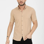 Solid Button-Down (Black Buttons) Short Sleeve Shirt // Beige (M)