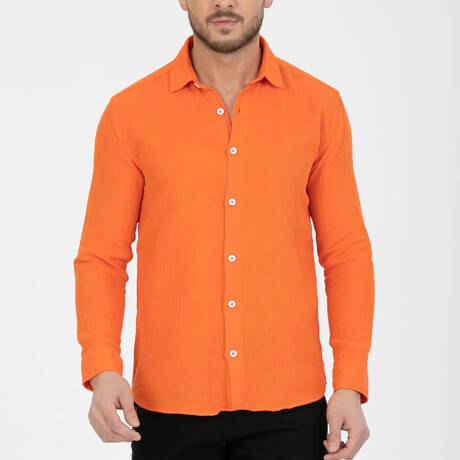 Crinkled Button-Down (White Buttons) Long Sleeve Shirt // Orange (XS)