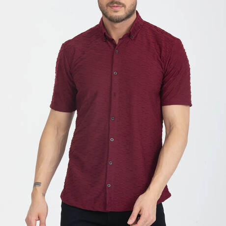 Textured Button-Up (Black Buttons) Short Sleeve Shirt // Burgundy (XS)