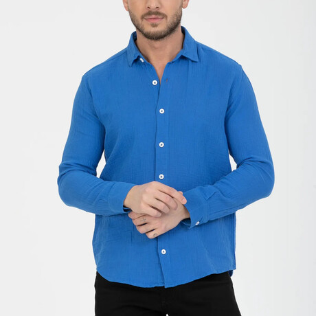 Crinkled Button-Down (White Buttons) Long Sleeve Shirt // Sax Blue (XS)