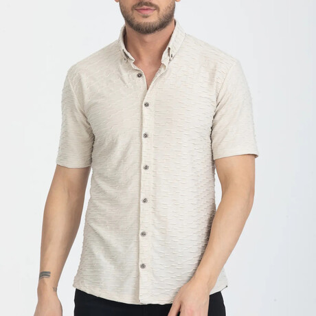 Textured Button-Up (Black Buttons) Short Sleeve Shirt // Beige (XS)