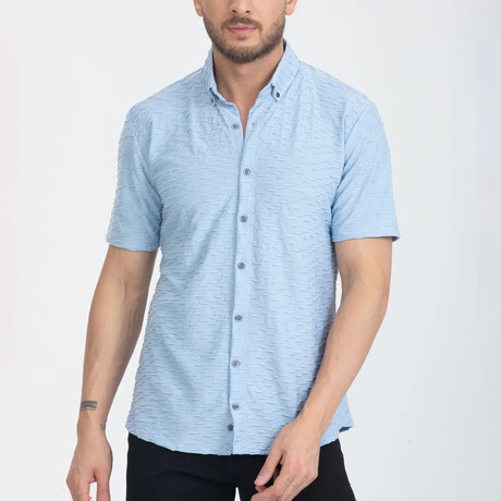 Textured Button-Up (Black Buttons) Short Sleeve Shirt // Light Blue (XS)