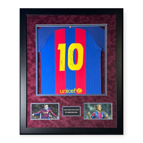 Lionel Messi & Ronaldinho // Barcelona // Autographed Shirt + Framed