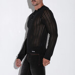 KNITTED STRIPE HENLEY // BLACK (S)
