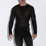 KNITTED STRIPE HENLEY // BLACK (S)