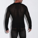 KNITTED STRIPE HENLEY // BLACK (S)