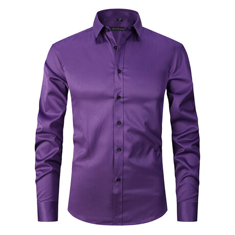 Satin Solid Long Sleeve Black Buttons Button-Up Shirt // Purple (XS)