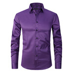 Satin Solid Long Sleeve Black Buttons Button-Up Shirt // Purple (S)