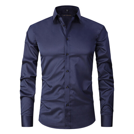 Satin Solid Long Sleeve Black Buttons Button-Up Shirt // Navy Blue (XS)