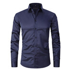 Satin Solid Long Sleeve Black Buttons Button-Up Shirt // Navy Blue (S)