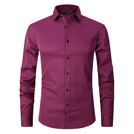 Satin Solid Long Sleeve Black Buttons Button-Up Shirt // Wine (XS)