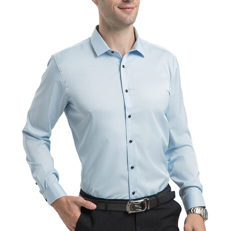 Strech Solid Long Sleeve Black Buttons Button-Up Shirt // Light Blue (XS)