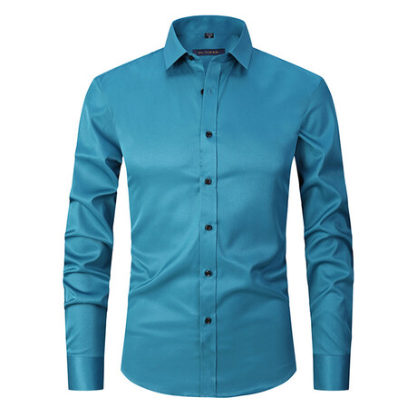 Satin Solid Long Sleeve Black Buttons Button-Up Shirt // Lake Blue (XS)