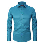 Satin Solid Long Sleeve Black Buttons Button-Up Shirt // Lake Blue (M)