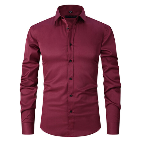Satin Finish Long Sleeve Black Buttons Button-Up Shirt // Dark Red (XS)
