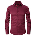 Satin Finish Long Sleeve Black Buttons Button-Up Shirt // Dark Red (4XL)